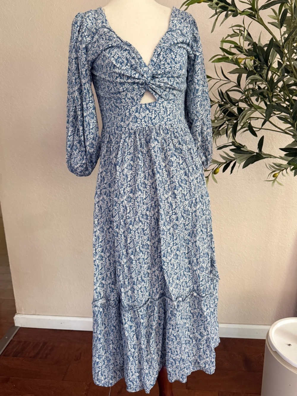 Blue Floral Twist-Front Maxi Dress